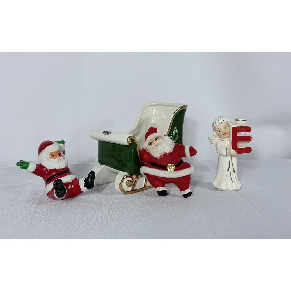 Vtg Kitschy Christmas Lot Santa Angel Sleigh Ho ho ho Flocked Japan Mid Century
